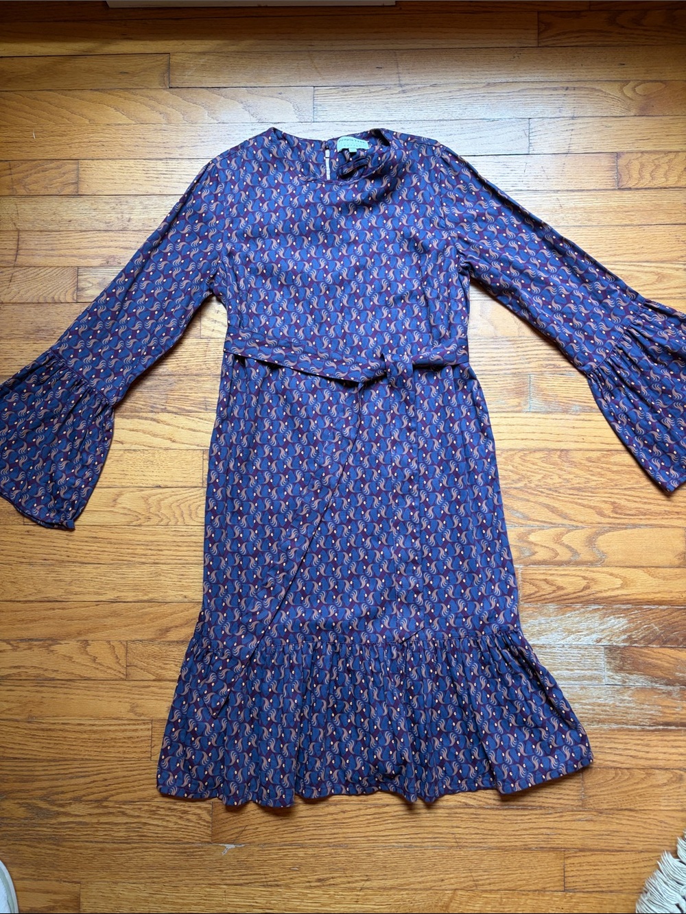 People Tree Nanette Dress in a blue and maroon squirrel print